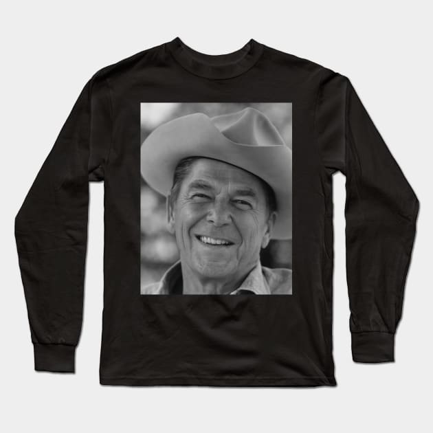 Ronald Reagan with cowboy hat Black White Long Sleeve T-Shirt by Soriagk